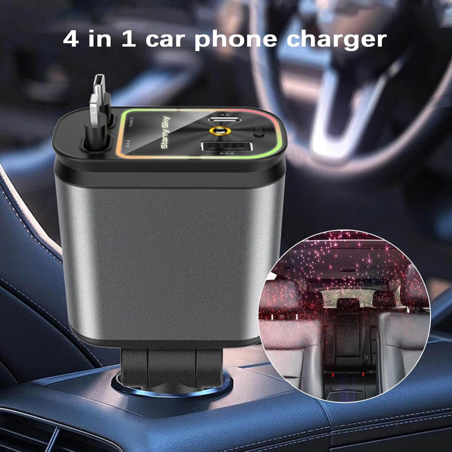 Chargeur de voiture Starry Sky, 4 en 1 rétractable avec Starlight,